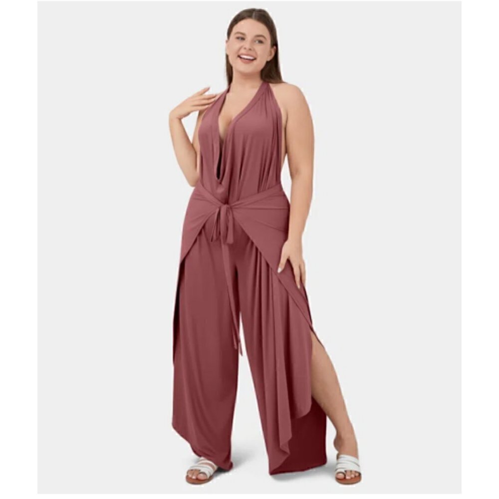 Halara Crimson High Waisted Lace Up Palazzo Wide Leg Flowy Pants M NWT - Picture 3 of 10